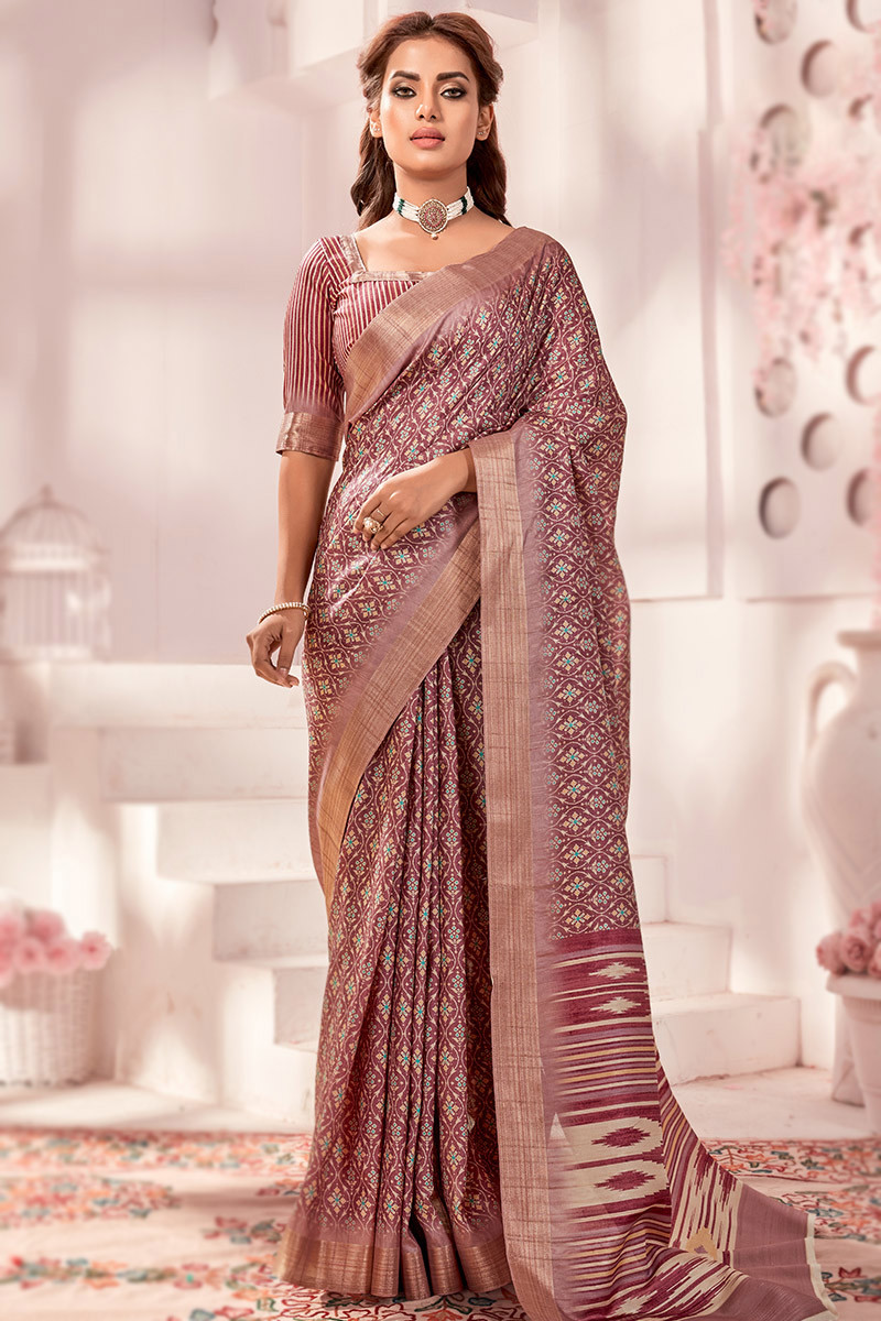 Light Maroon Printed Cotton Silk Casual Wear Saree