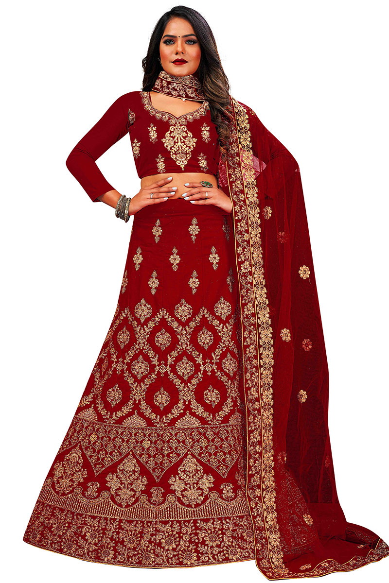 Light Maroon Velvet Embroidered Lehenga
