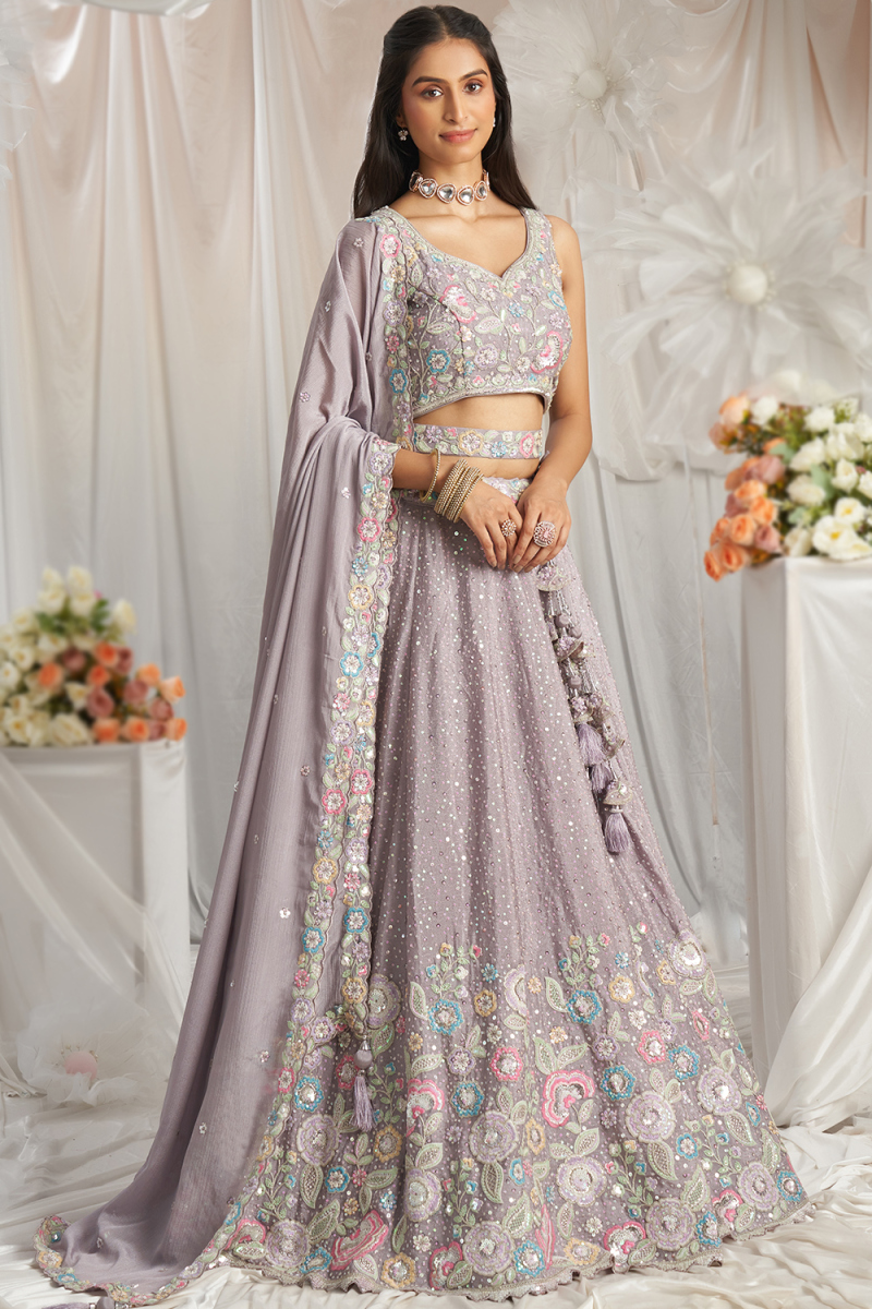 Light Mauve Chinnon Resham Embroidered Panelled Lehenga