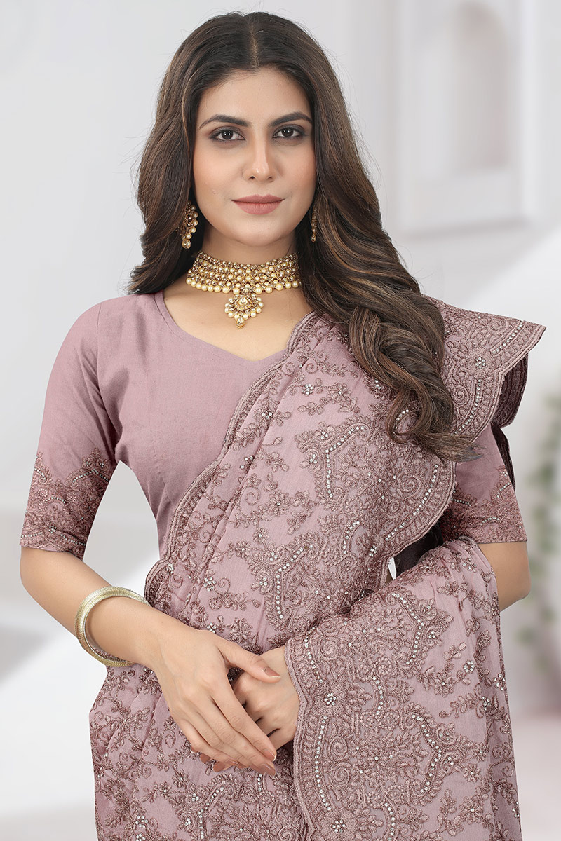 Women's Georgette Mauve Embroidered Designer Saree With Blouse Piece
