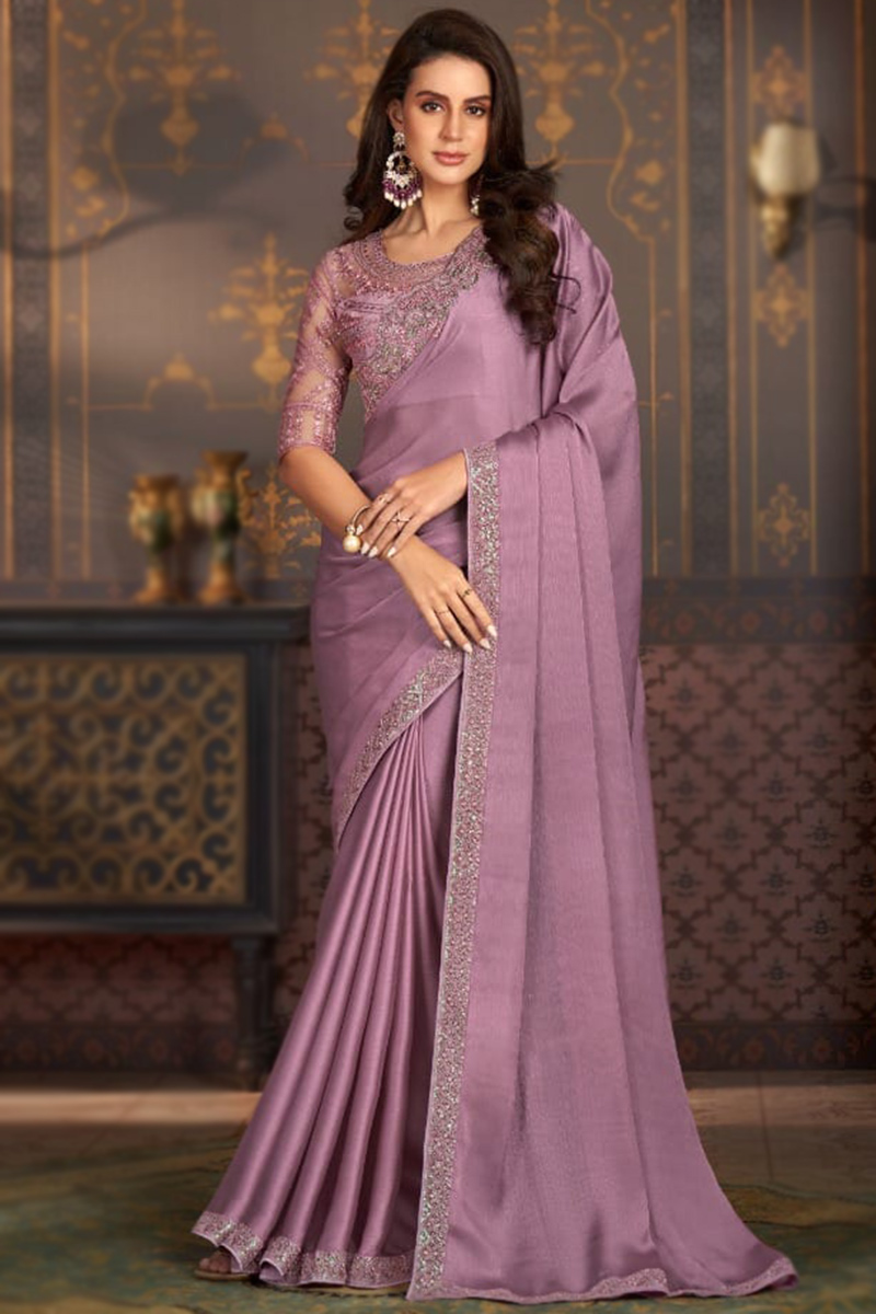 Light Mauve Satin Chiffon Embroidered Light Weight Saree