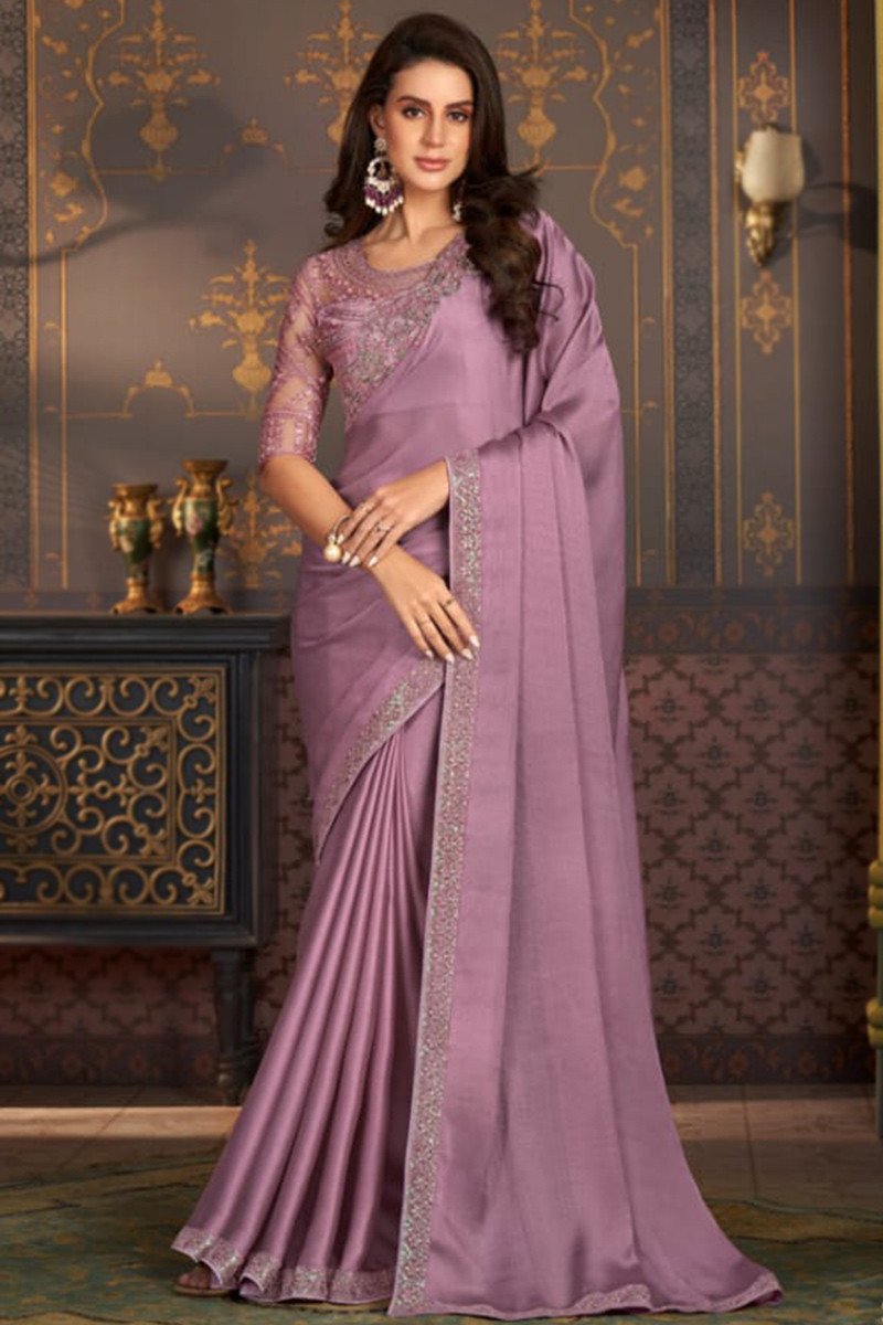 Light Mauve Sequins Embroidered Silk Party Wear Saree