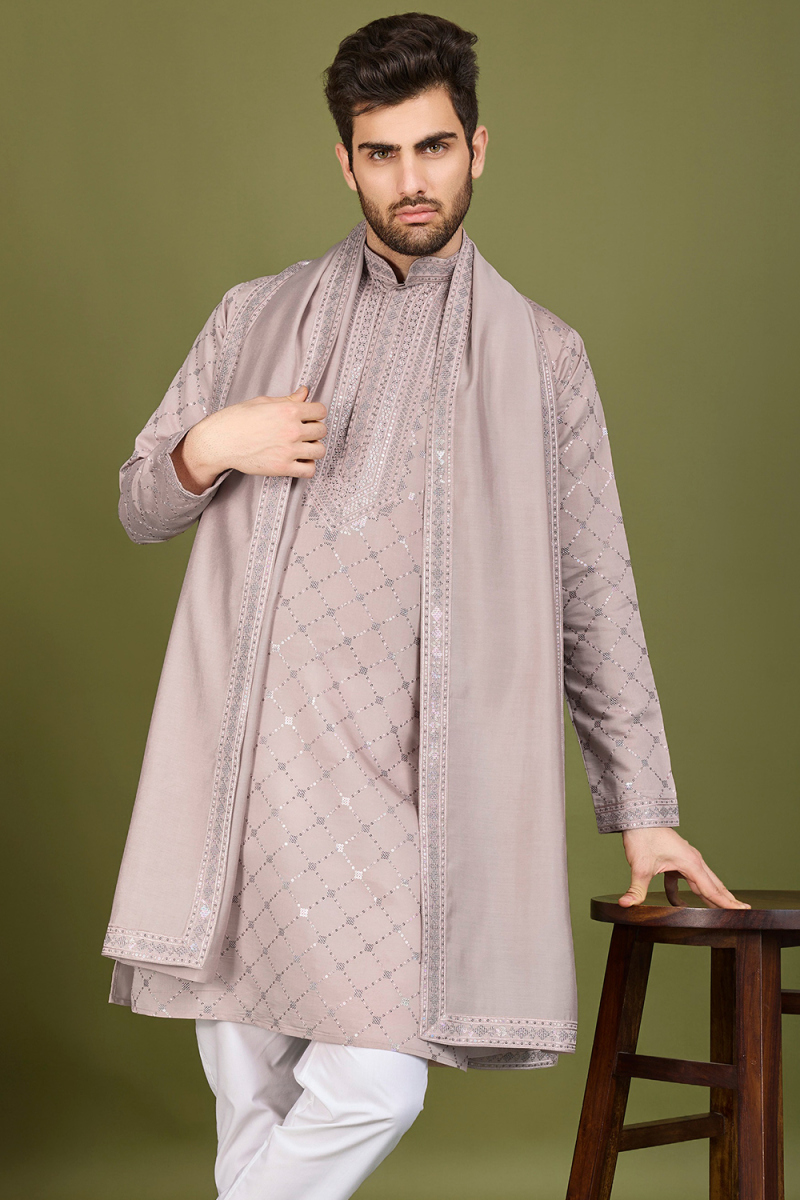 Light Mauve Viscose Silk Men's Kurta With Sequins For Diwali