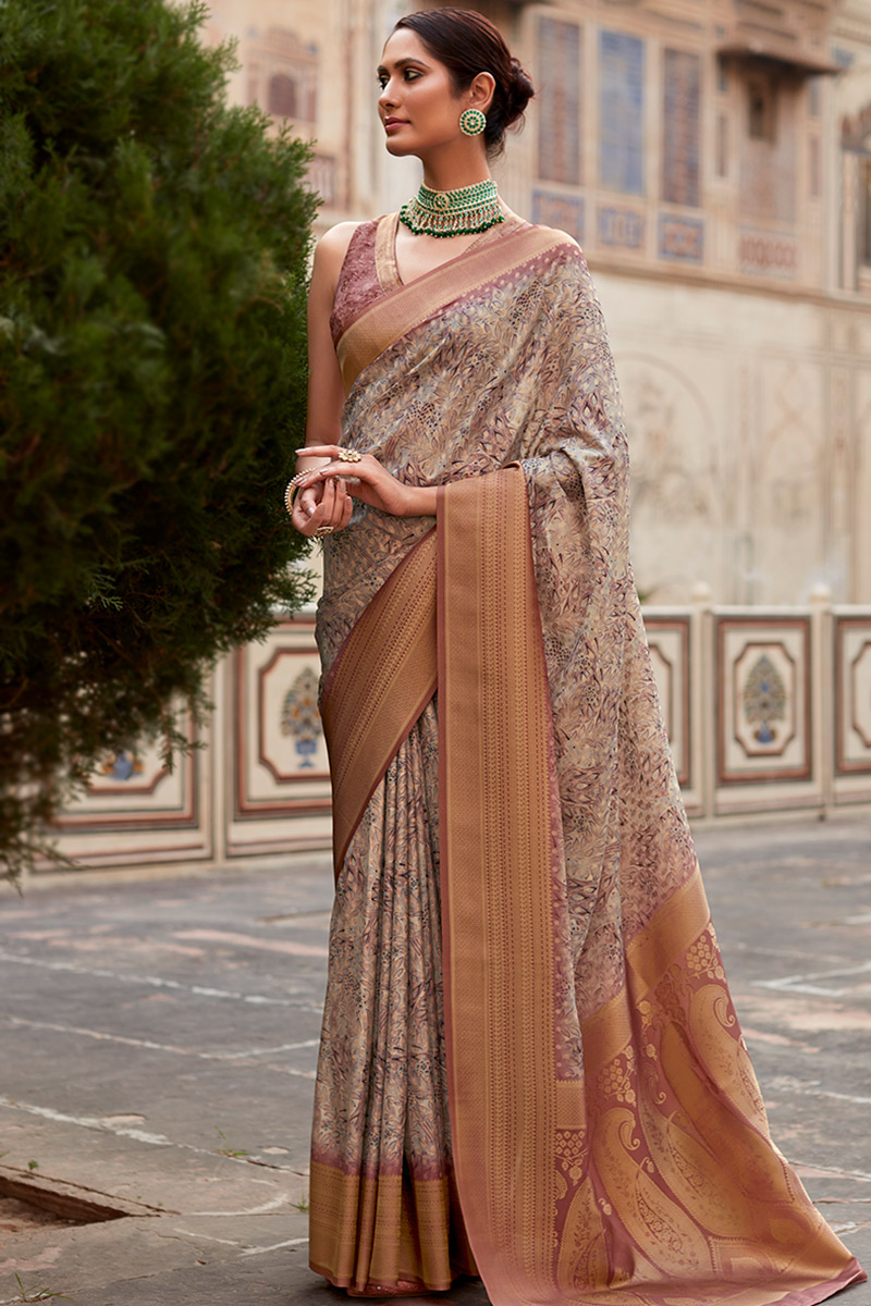 Light Mauve Woven Zari Broad Border Silk Saree