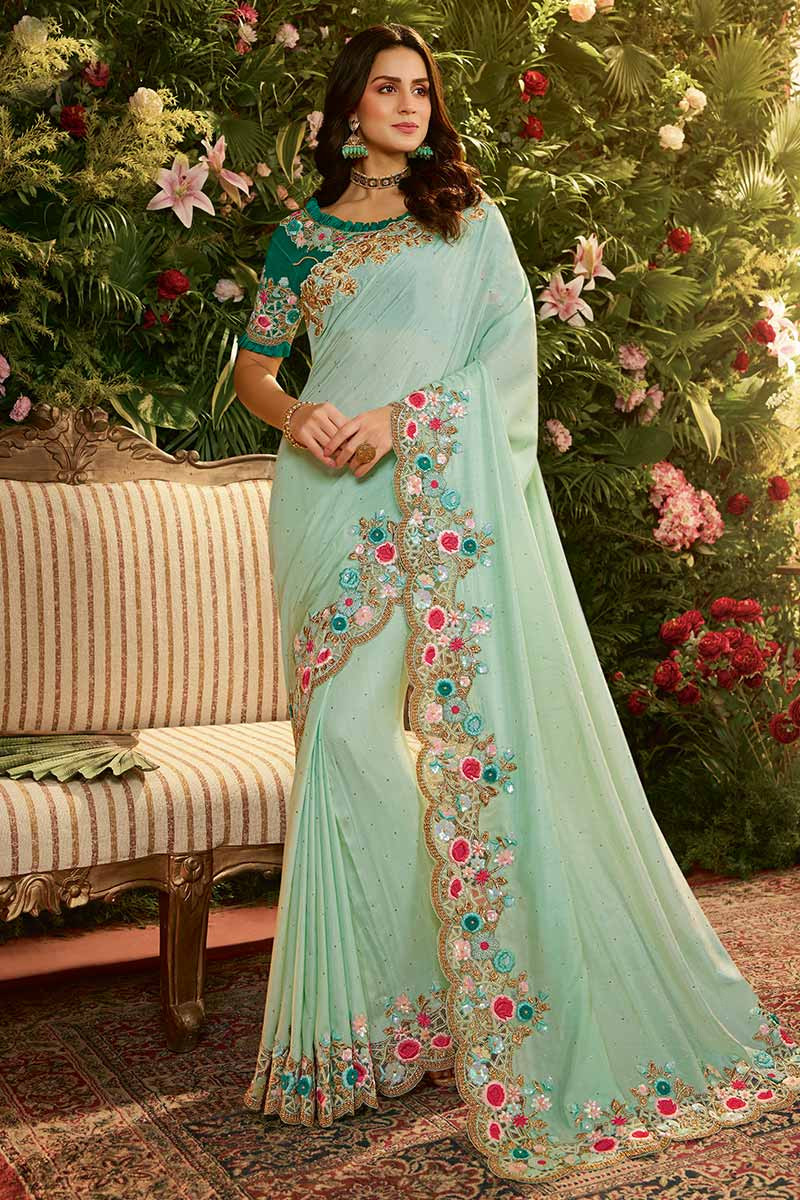 Light Mint Green Silk Saree With Raw Silk Blouse