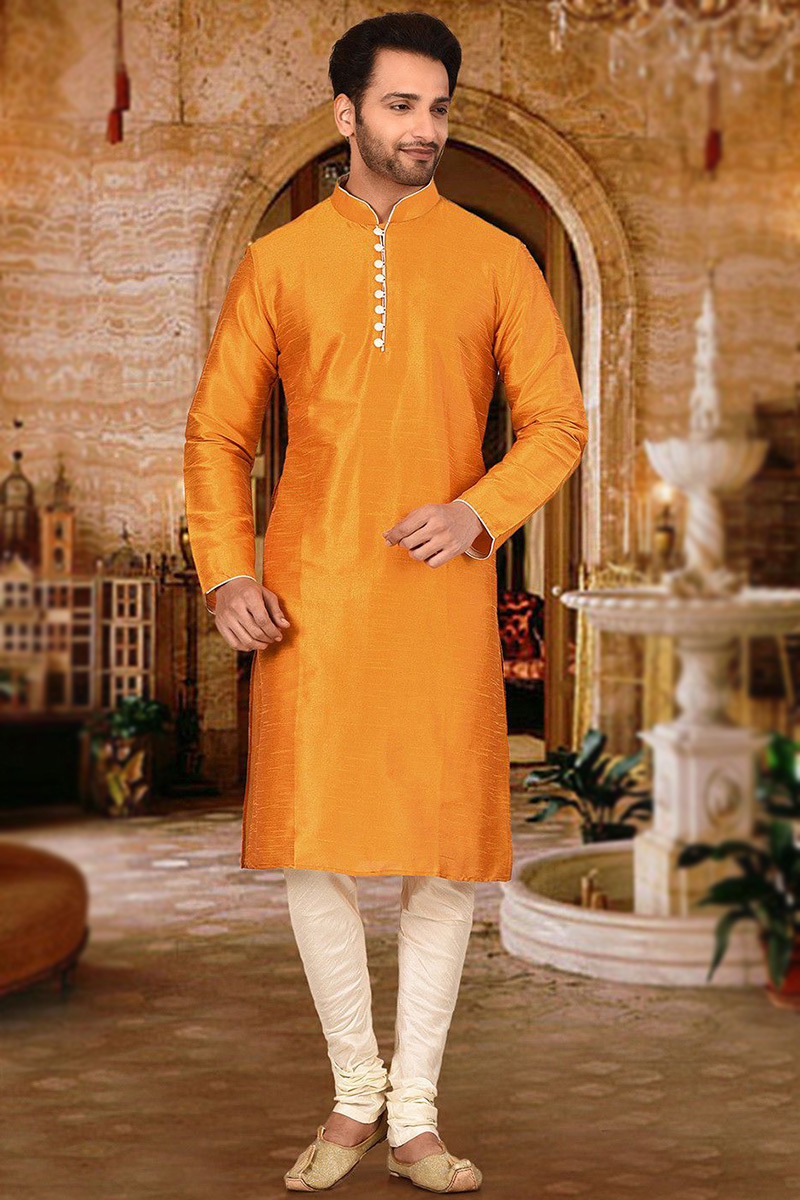 Light Orange Dupion Silk Men's Churidar Kurta 