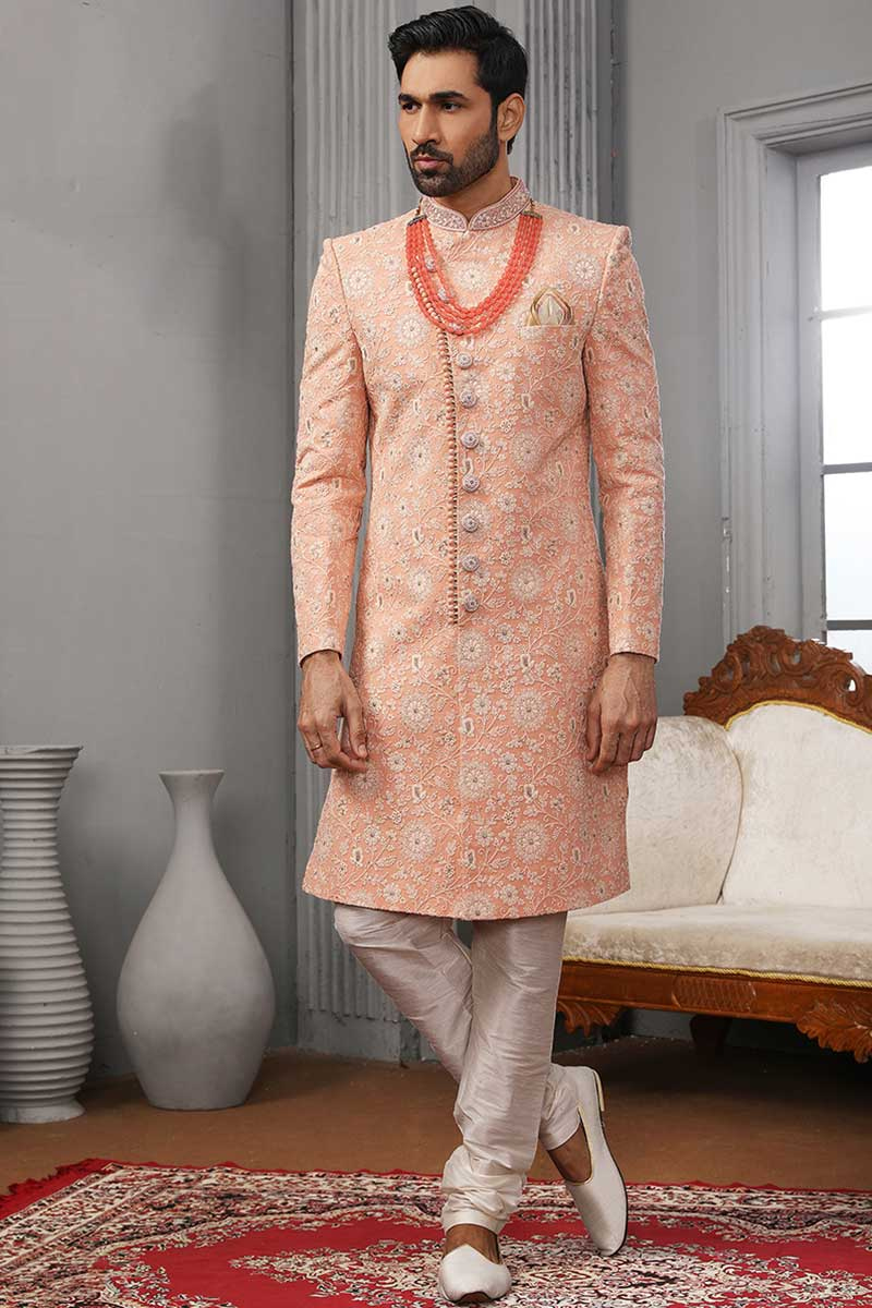 Light Orange Georgette Angrakha Embroidered Men Sherwani