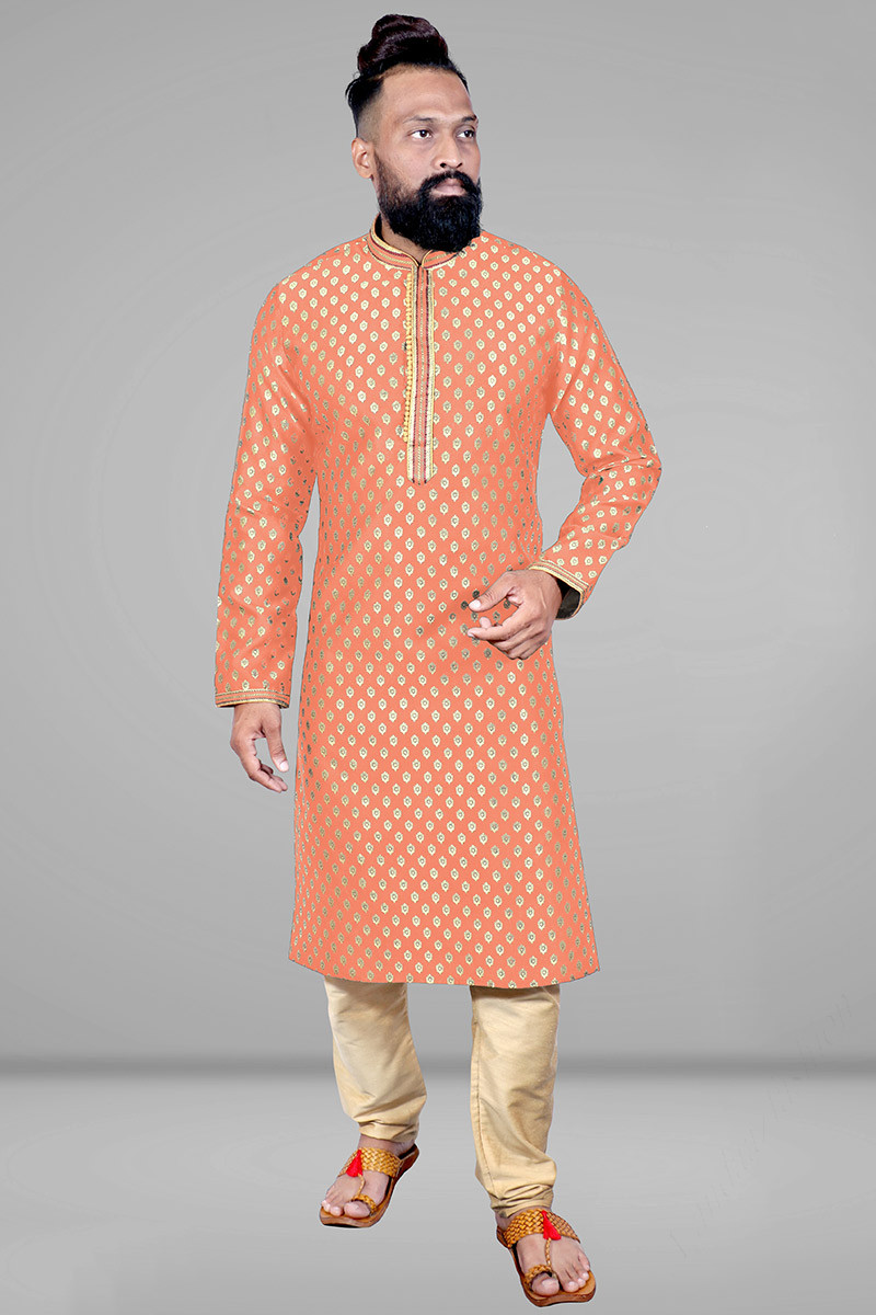 Buy Latest Style Jacquard Light Orange Men Kurta Pajama MKPA01097