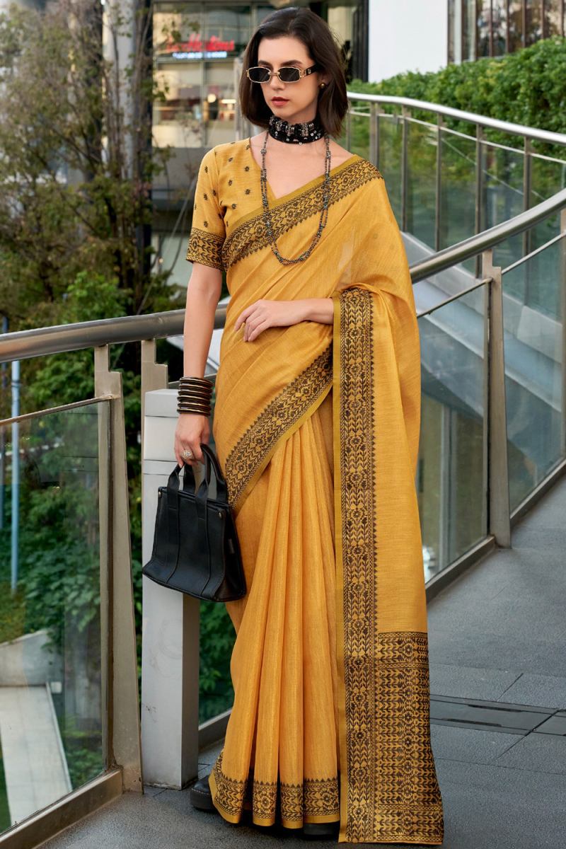 Light Orange Linen Weaved Thread Broad Border Saree 