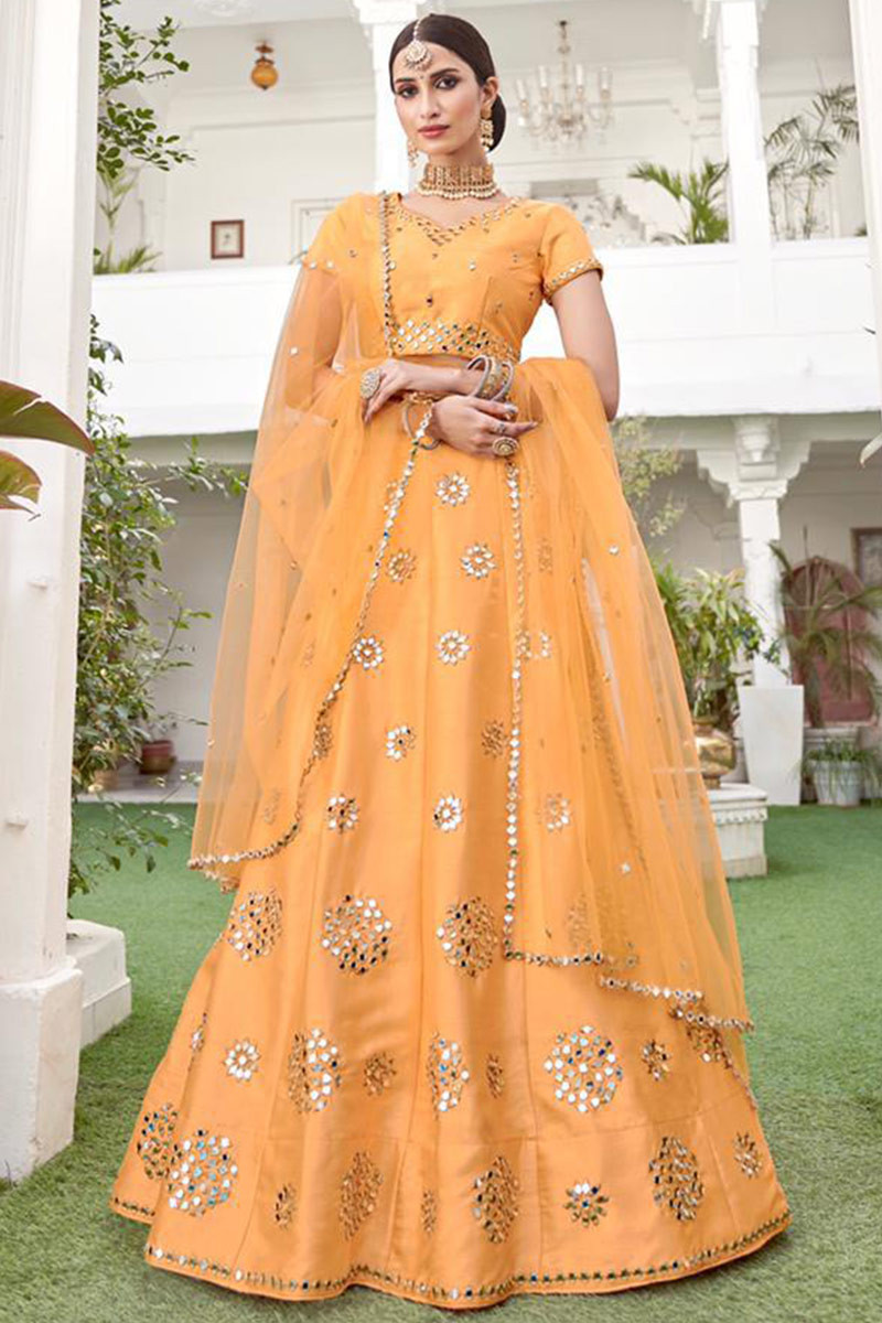Buy Aastha Fashion Women's Refreshing Dark Green Floral Print Organza Silk  Wedding Lehenga Choli With Orange Blouse Online at Best Price | Distacart