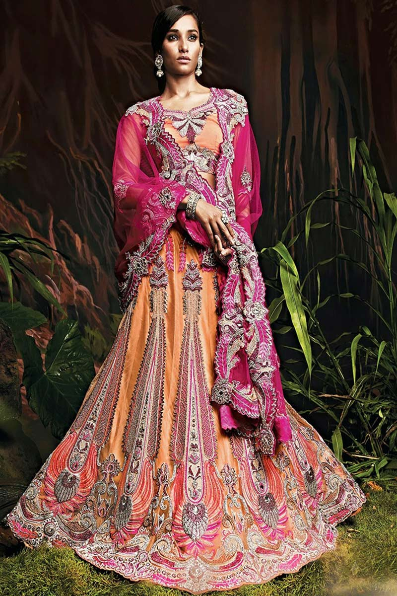 Light Orange Net Floor Length Lehenga