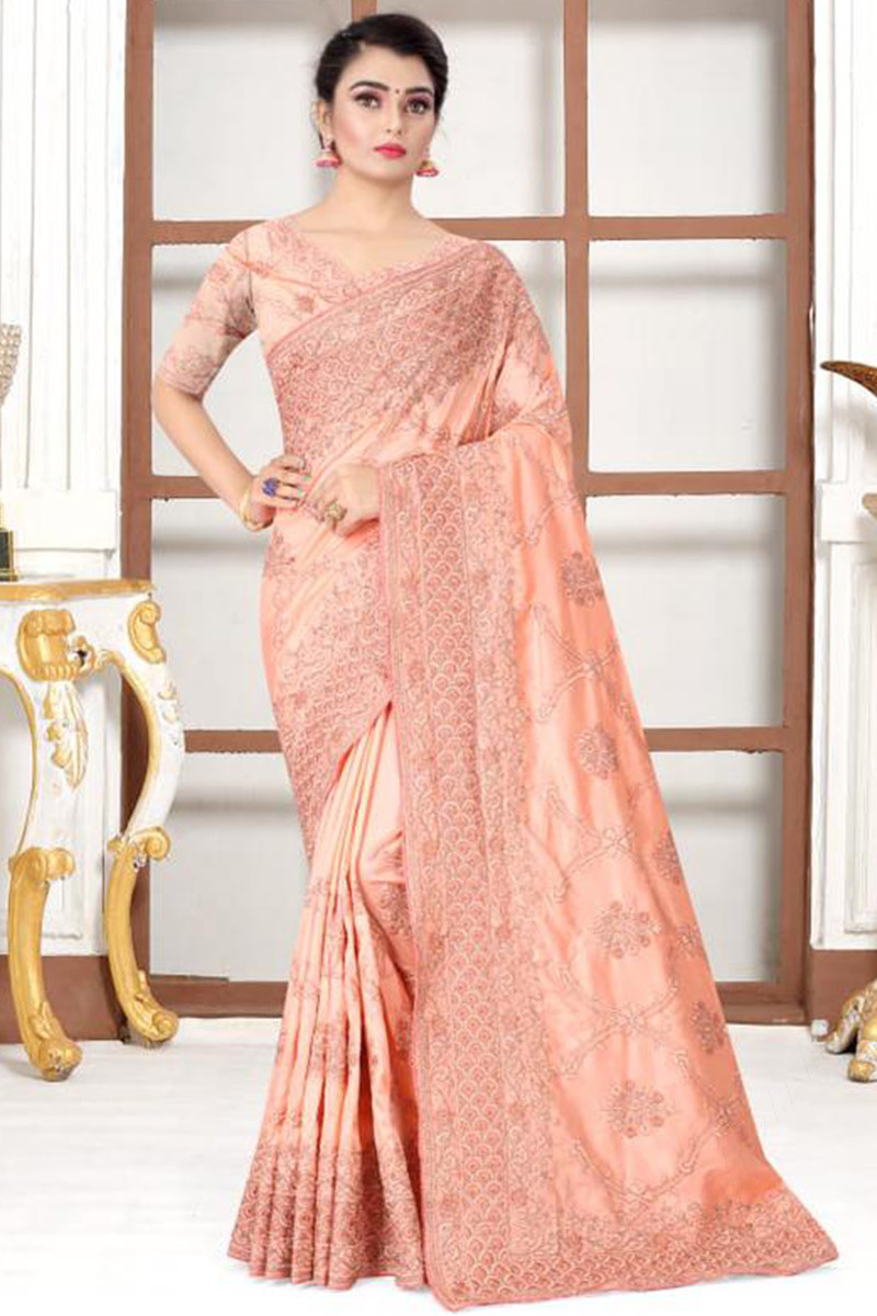 Peach Resham Work Modal Silk Saree