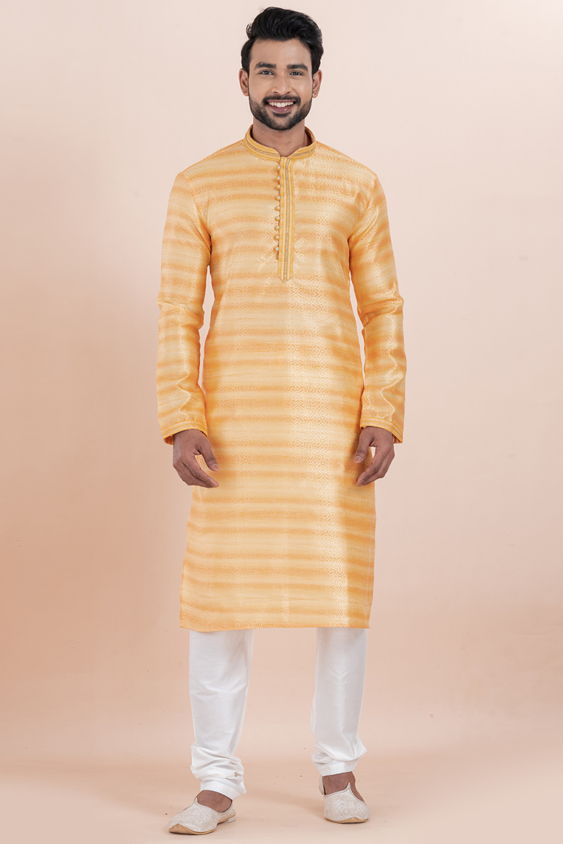 Light Orange Silk Blend Kurta Churidar With Zari Work 
