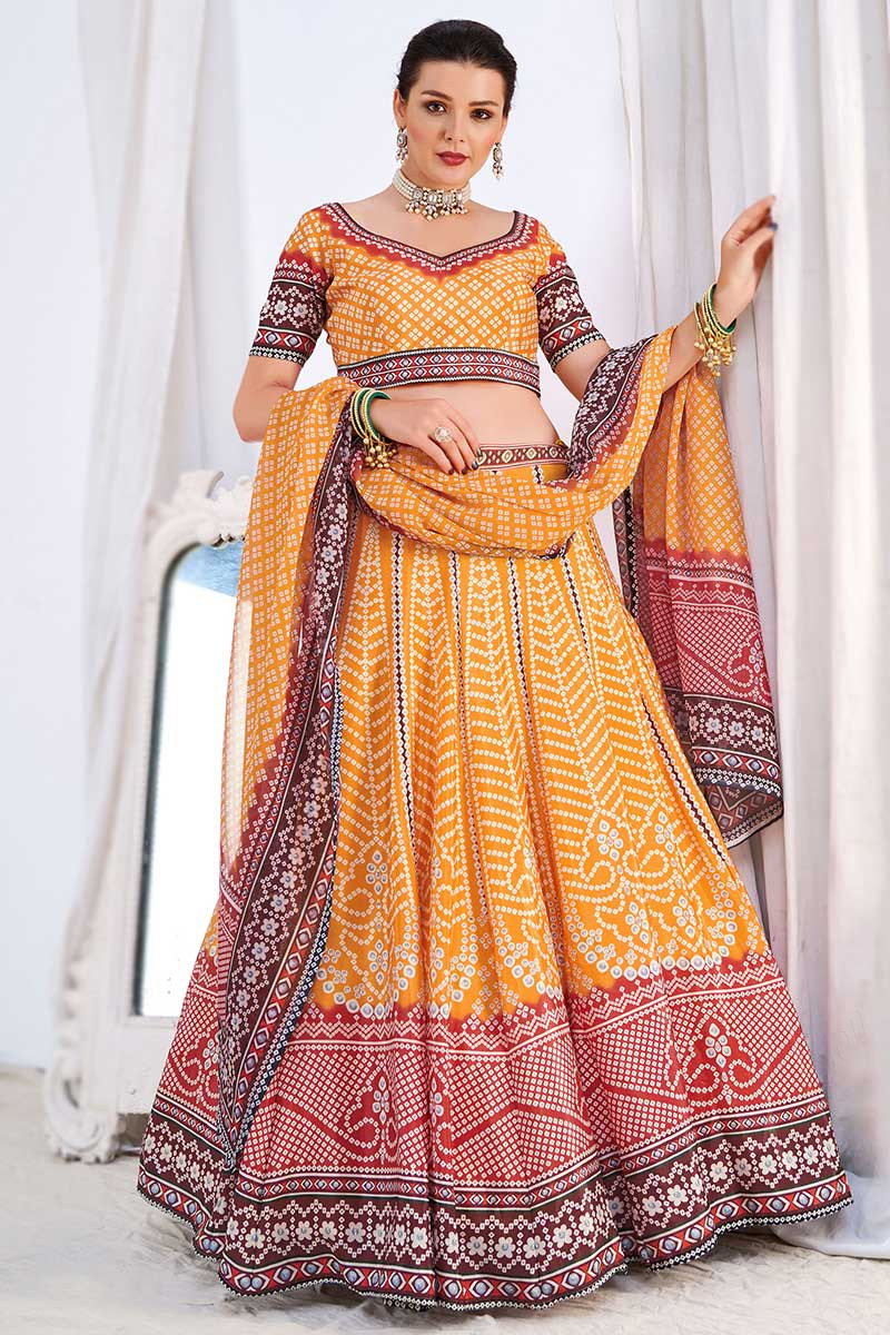 Light Orange Party Wear Printed Lehenga in Silk