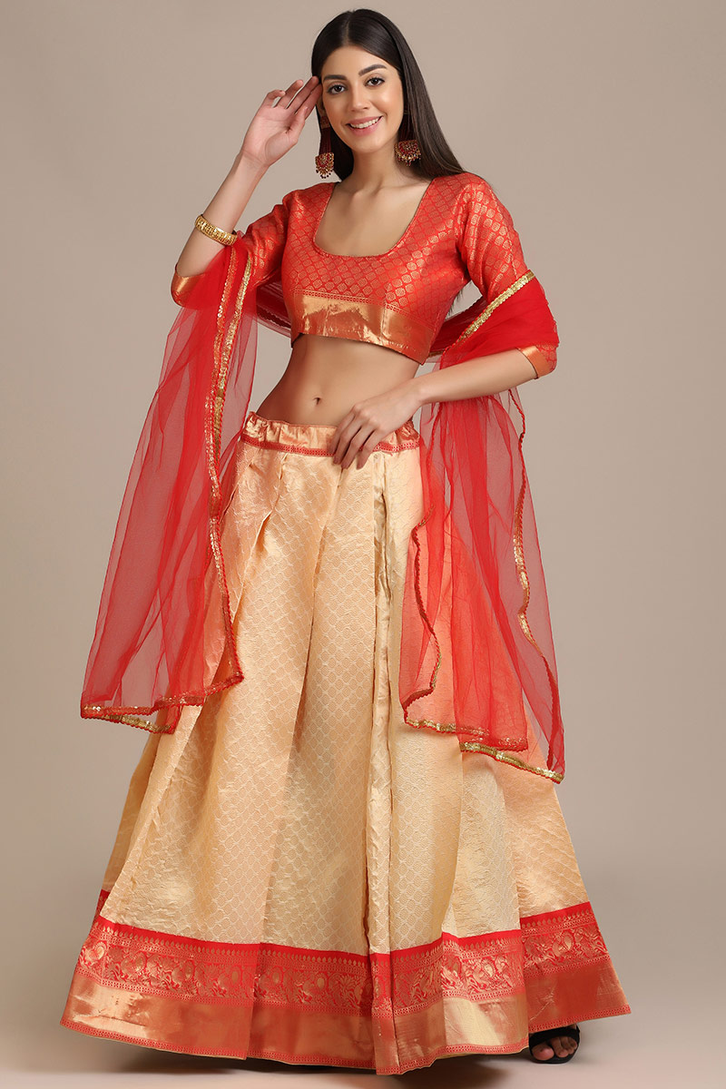 Light Orange Silk Woven Zari Lehenga