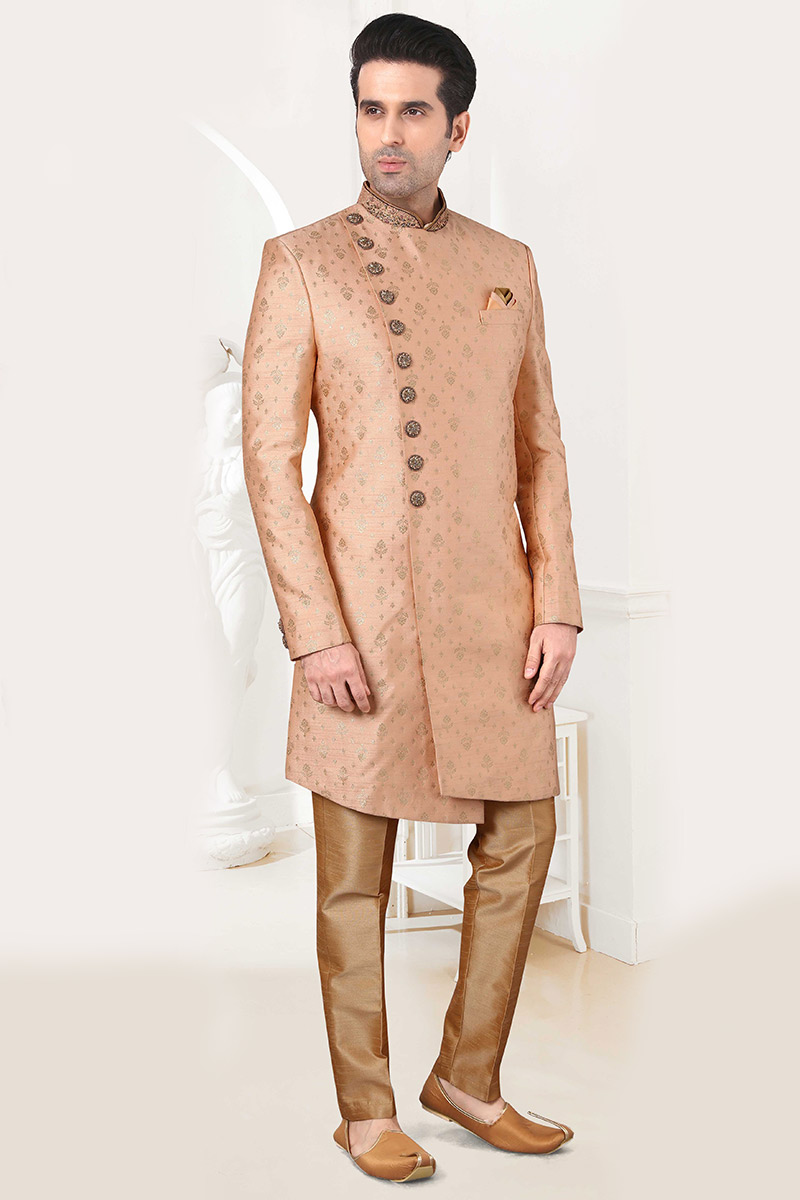 Light Peach Brocade Achkan Men Woven Zari Sherwani