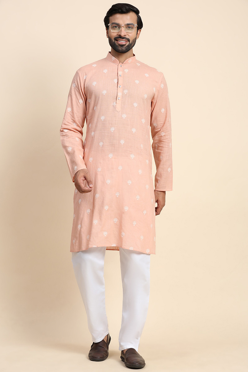 Light Peach Cotton Embroidered Straight Cut Men Kurta Pajama