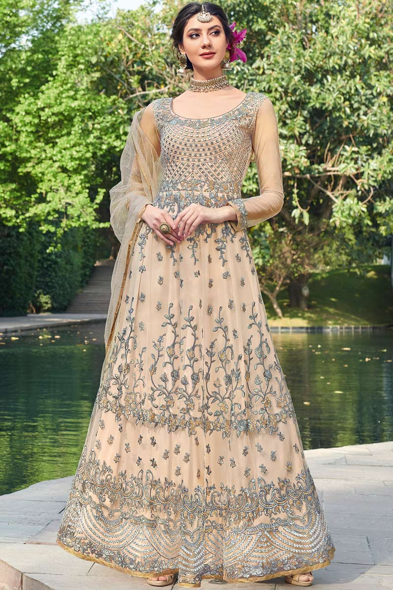 Thread Work Party Wear Anarkali Suit in Light Peach Net