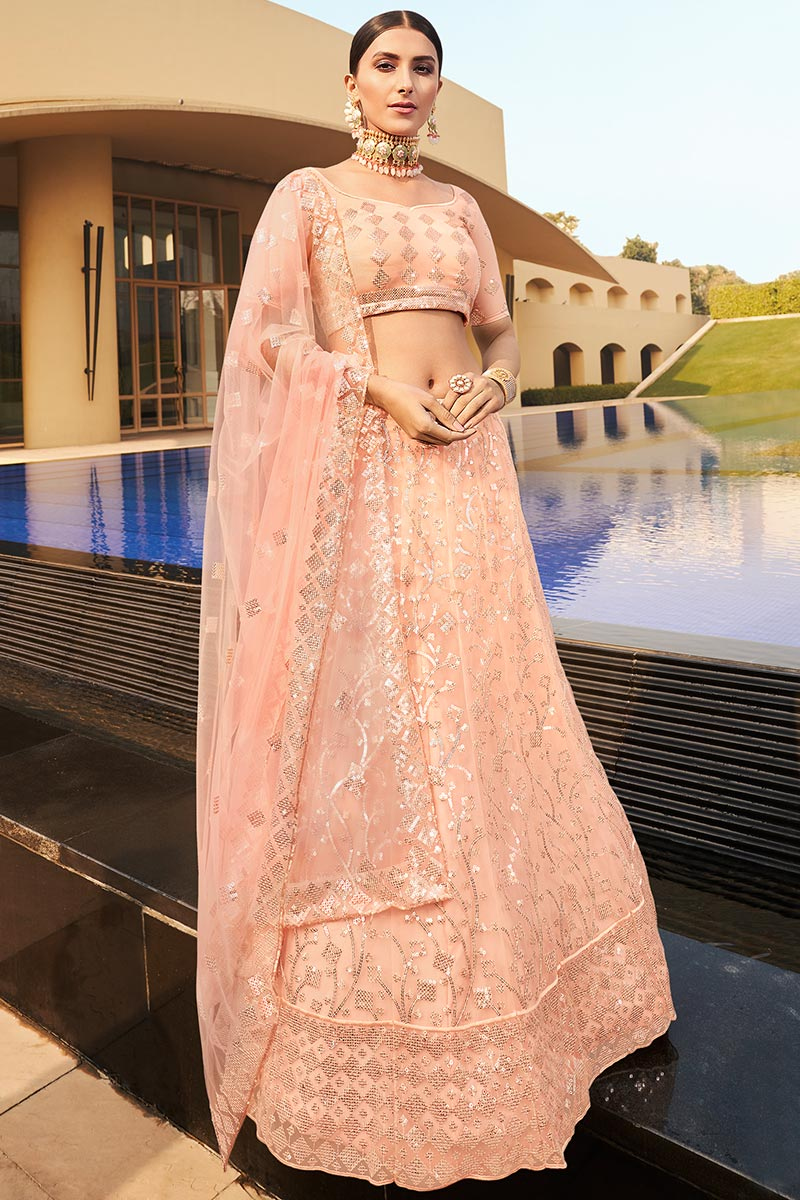 Light Peach Sangeet Sequins Embroidered Lehenga in Net