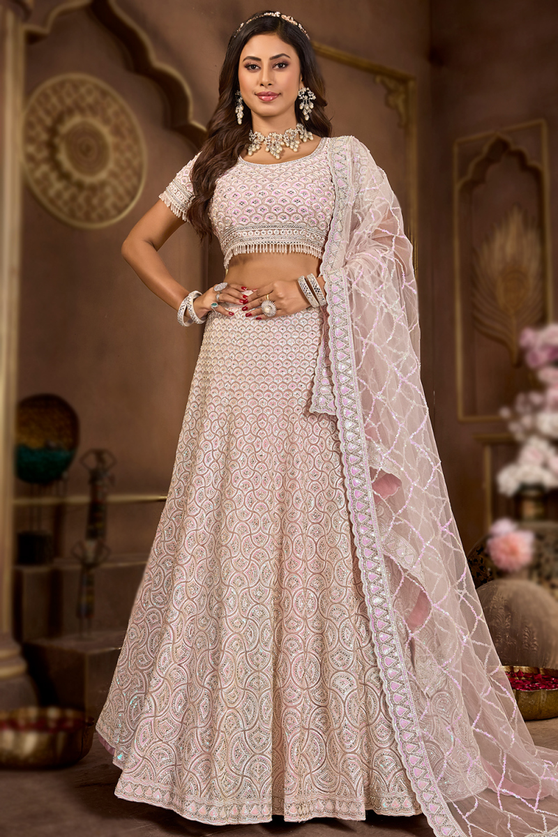 Light Peach Net Sequins Embroidered Bridesmaid Lehenga