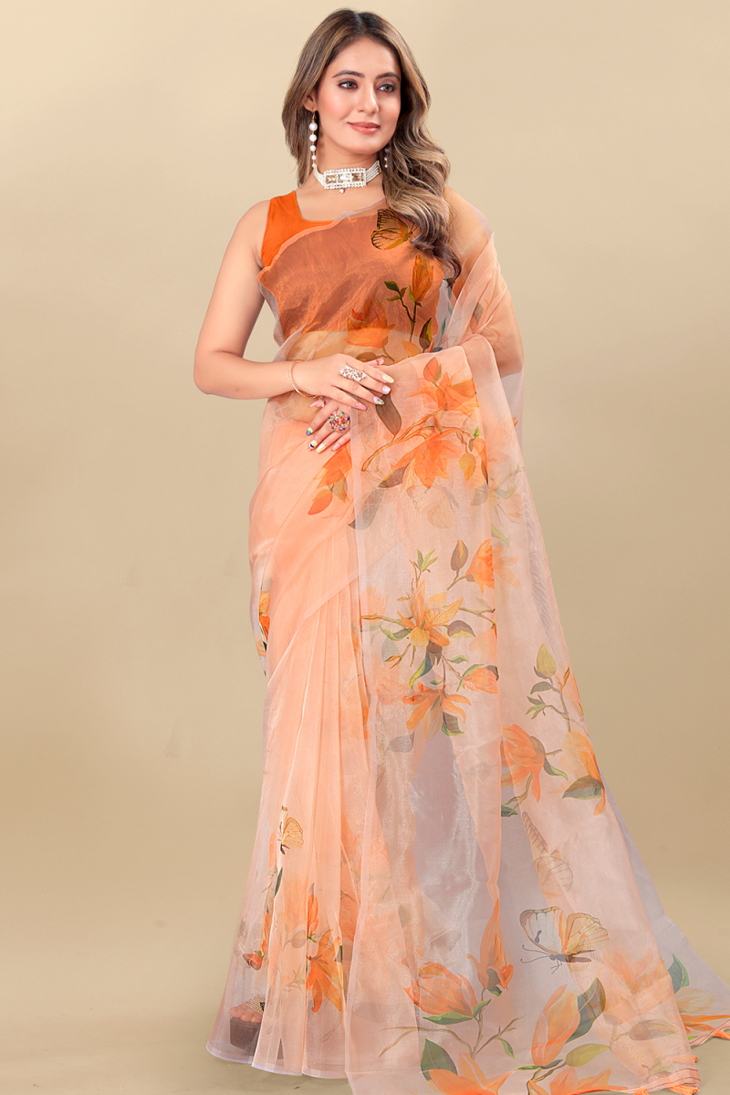 Light Peach Organza Saree with Printed Work for Casual Wear
