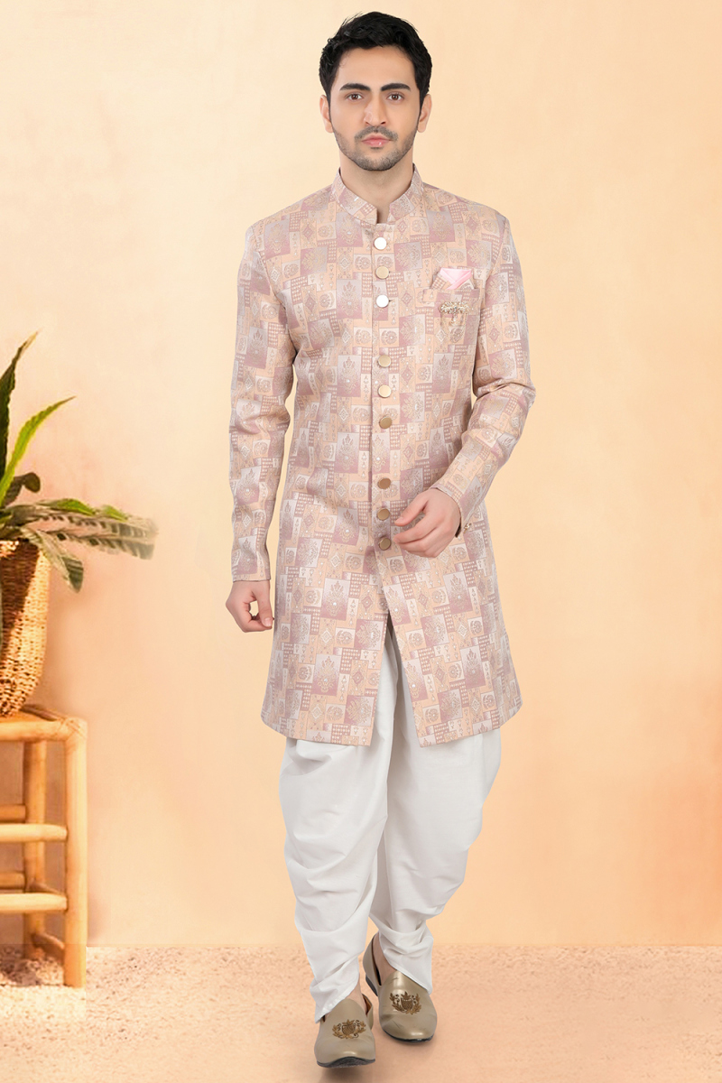 Light Peach Silk Men's Sherwani with Weaved Work for Wedding Wear