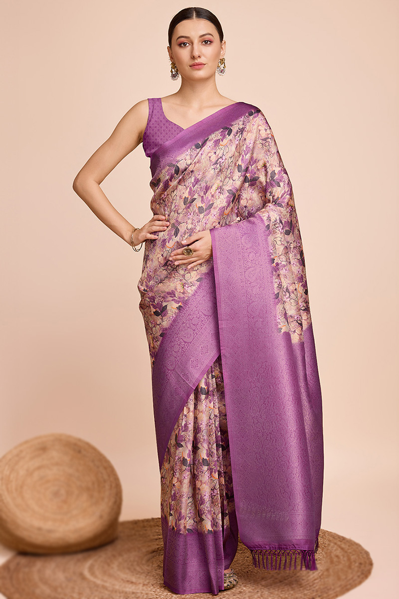 Light Peach Silk Printed Broad Border Saree For Sangeet
