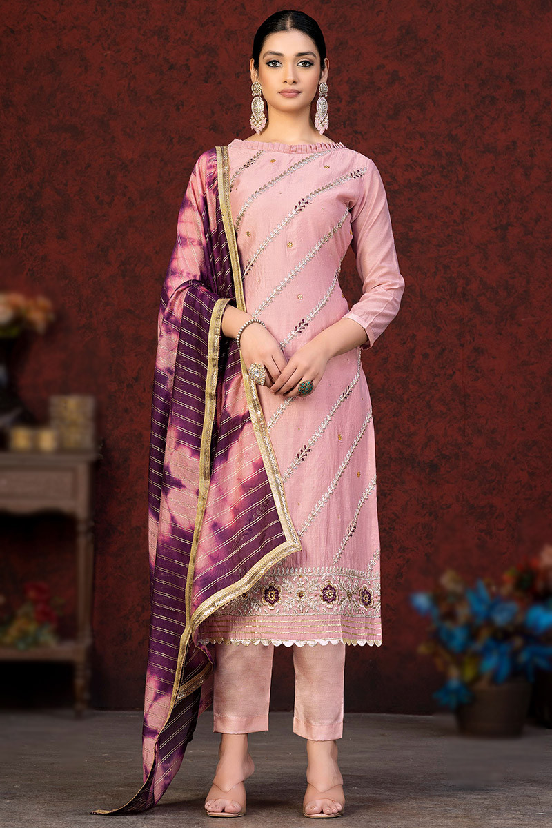 Light Pink Art Silk Suit Set with Exquisite Embellishments LSTV124397