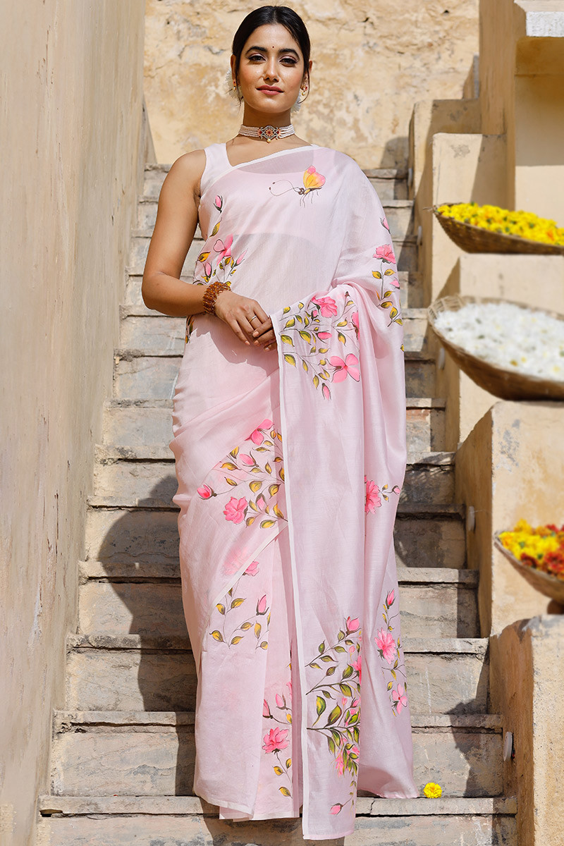 Light Pink Cotton Silk Casual Wear Hand Printed Saree