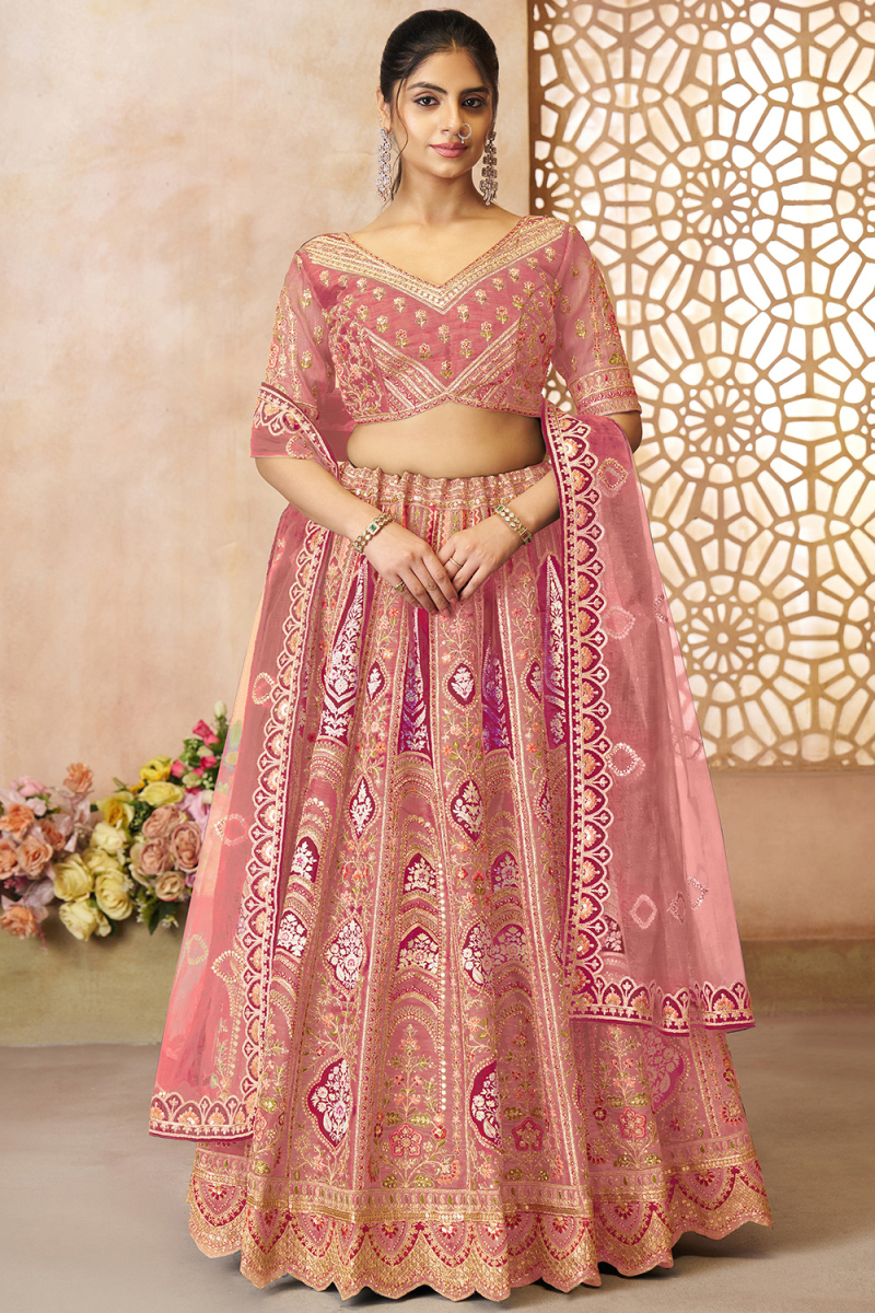 Light Pink Dori Embroidered Silk Blend Flared Style Lehenga