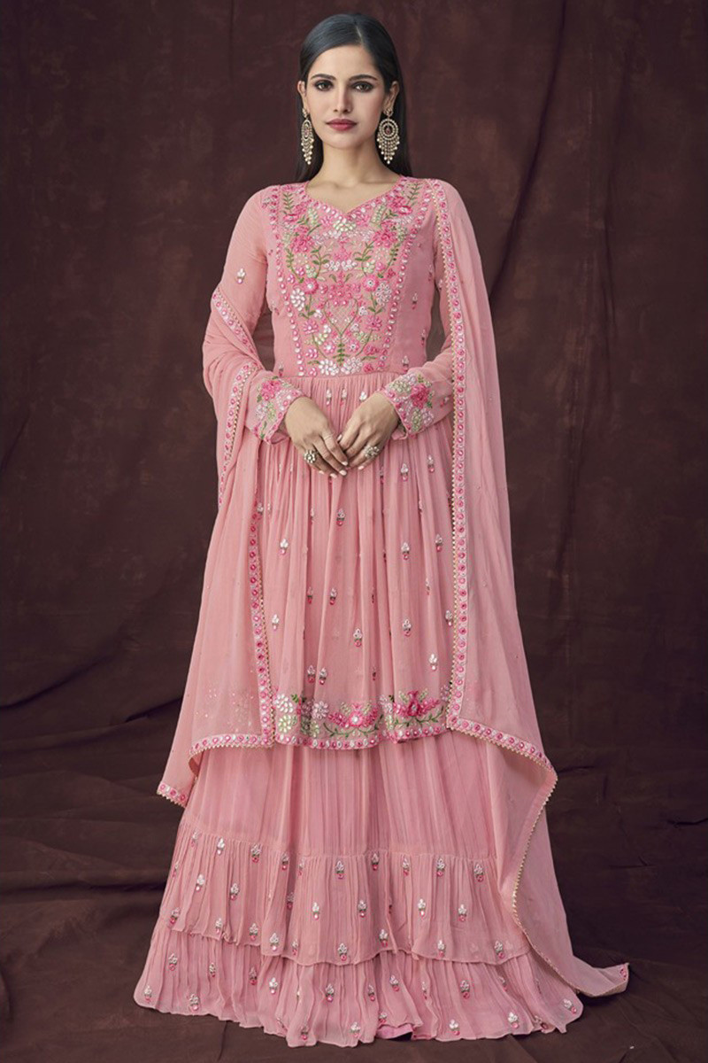 RE - Baby Pink Colored Malai Satin Silk Lehenga Choli - Indian