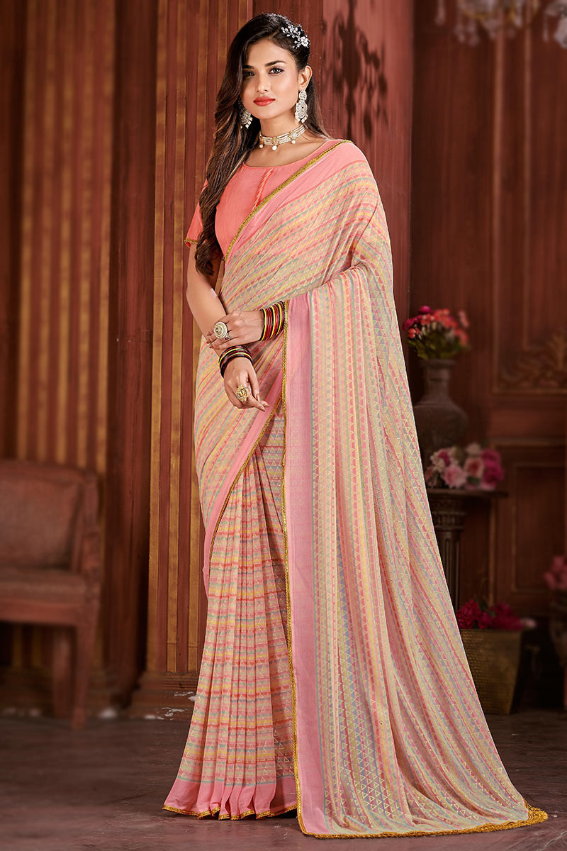 Buy Light Pink Embroidery Work Georgette Saree Online