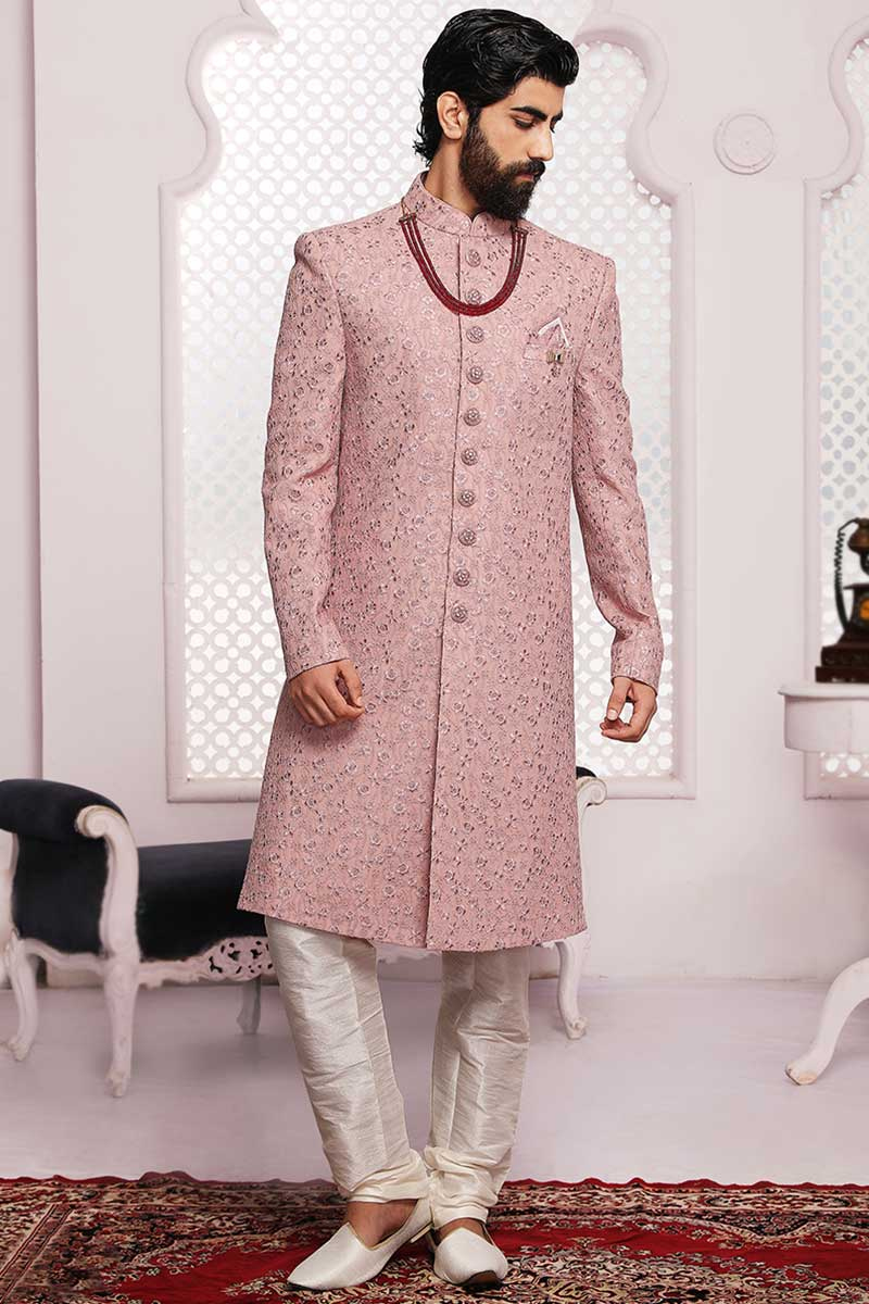 Light Pink Georgette Thread And Gotta Patti Embroidered Men Sherwani With Churidar