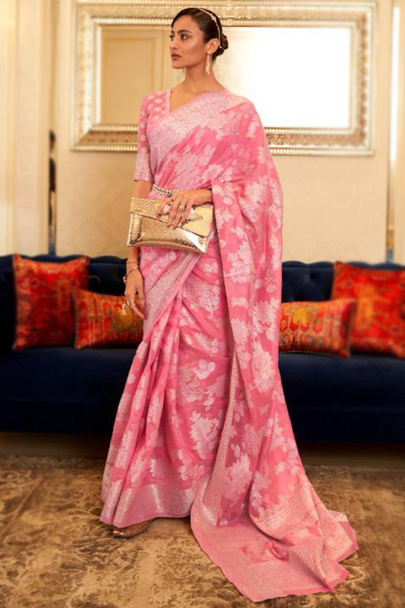 Light Pink Linen Woven Zari Chikankari Saree SARV148696