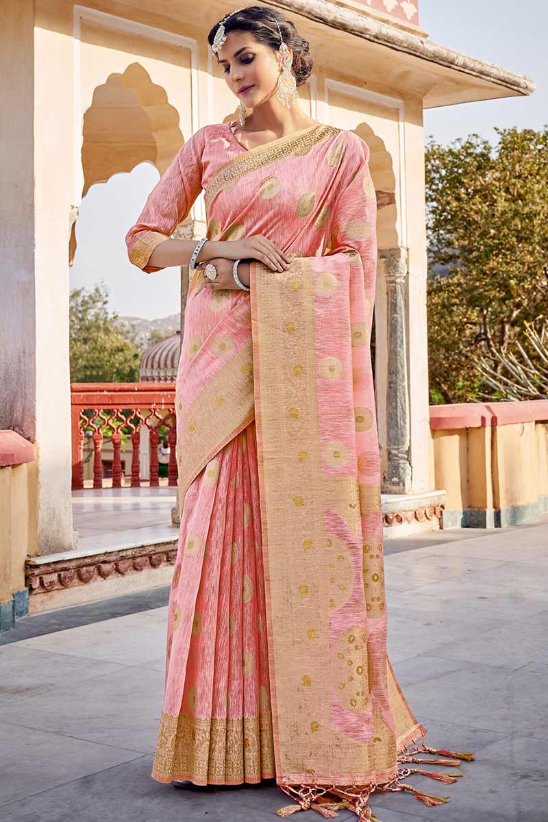 Yellow Zari Woven Linen Silk Saree With Matching Blouse – Bahuji - Online  Fashion & Lifestyle Store