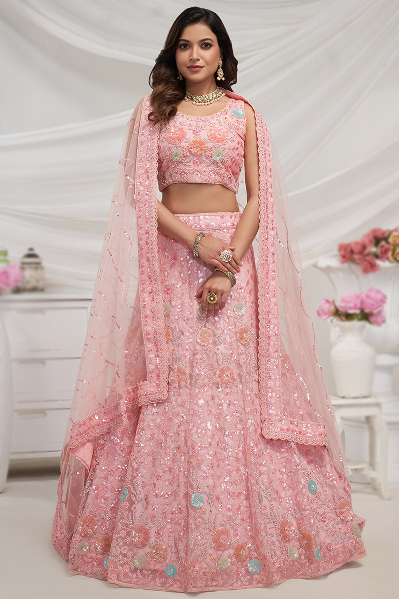 Light Pink Net Dori Embroidered Panelled Style Lehenga 