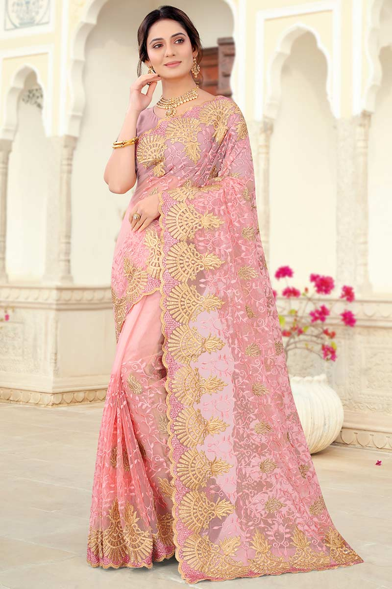 Light Pink Net Embroidered Indian Designer Saree
