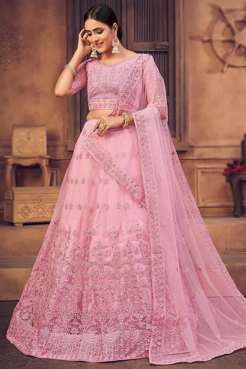 Embroidered Georgette Lehenga in Baby Pink : LNJ123