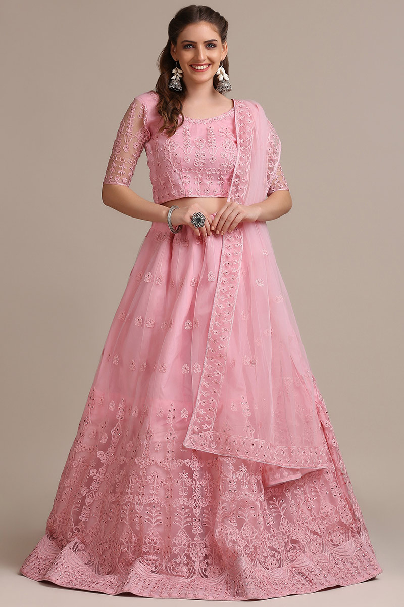 Net Lehenga with Stone Embroidery in Light Pink for Party 