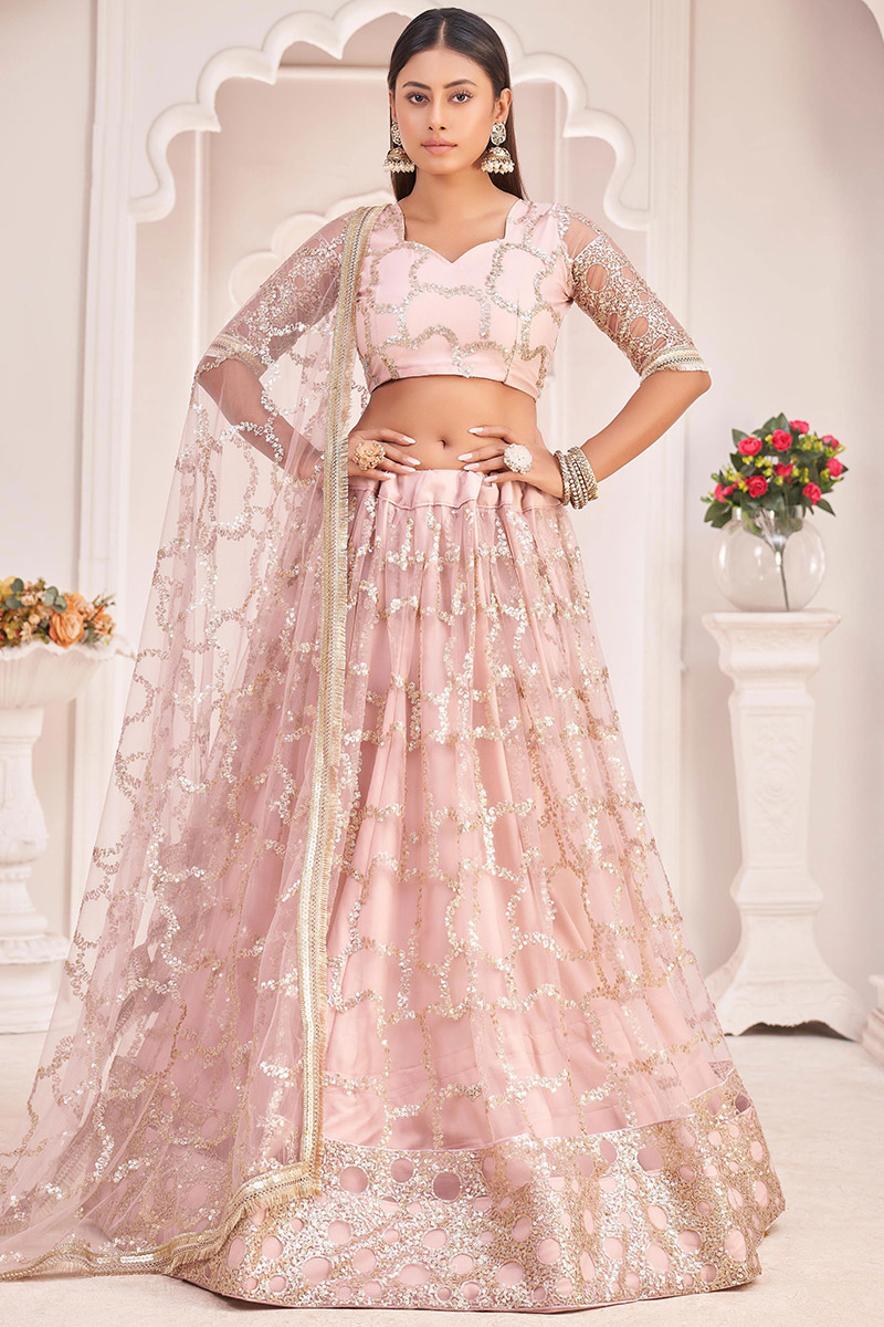 Wedding Wear Thread Embroidered Lehenga in Net Light Pink
