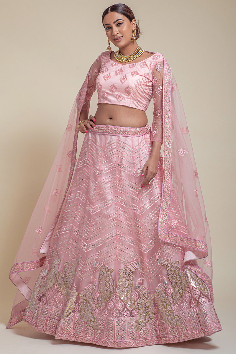 Net Lehenga in Light Pink colour with Resham Work for Party 