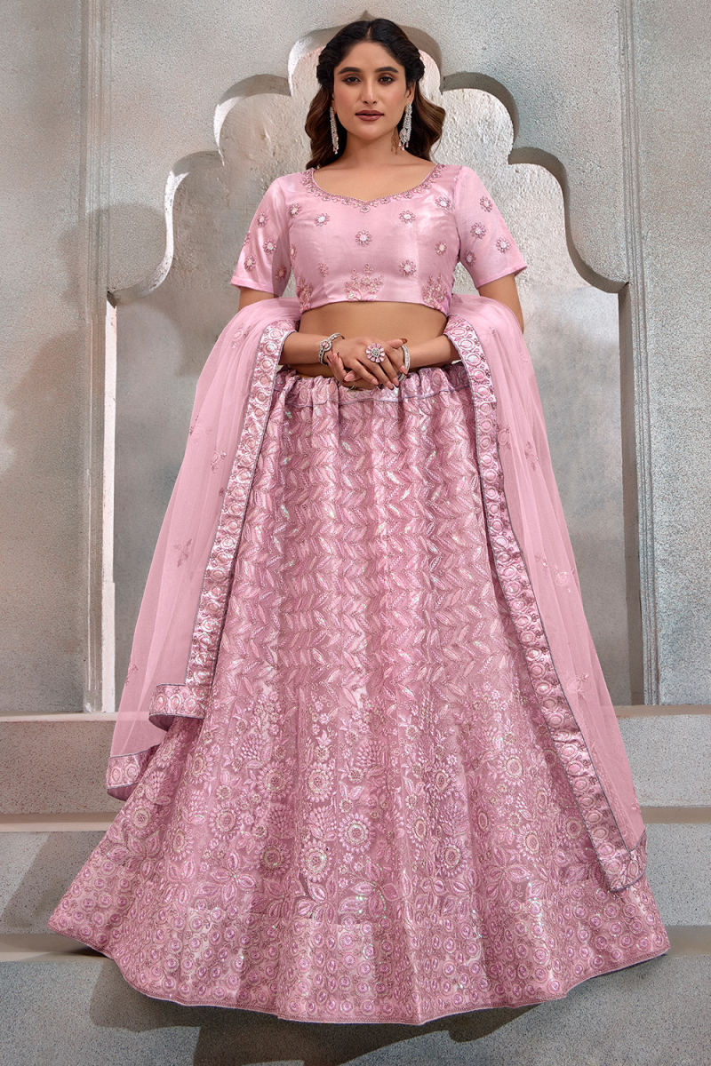 Light Pink Net Lehenga With Sequins Work For Weddings