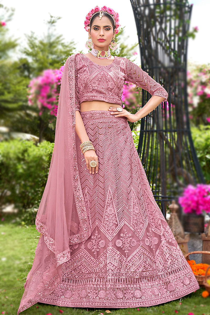 Light Pink Net Resham Embroidered Flared style Lehenga