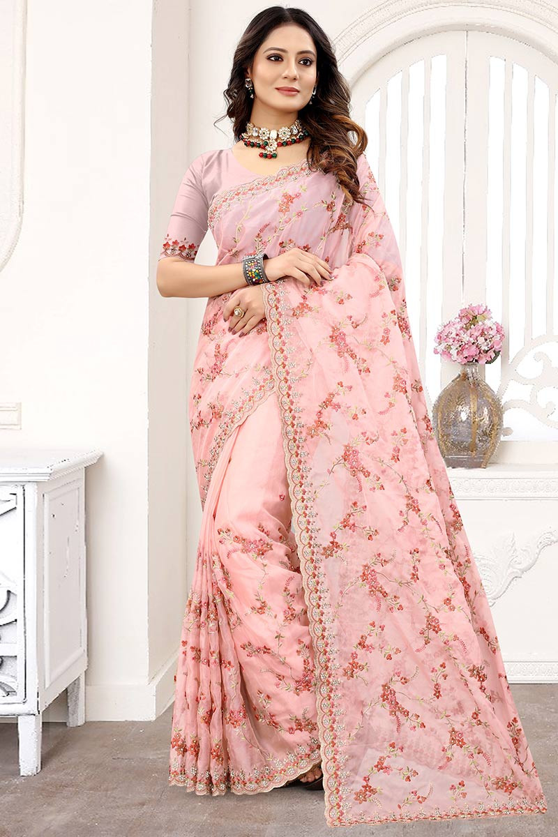 Lotus Pink Saree On Floral Print Organza Fabric – Pomcha Jaipur