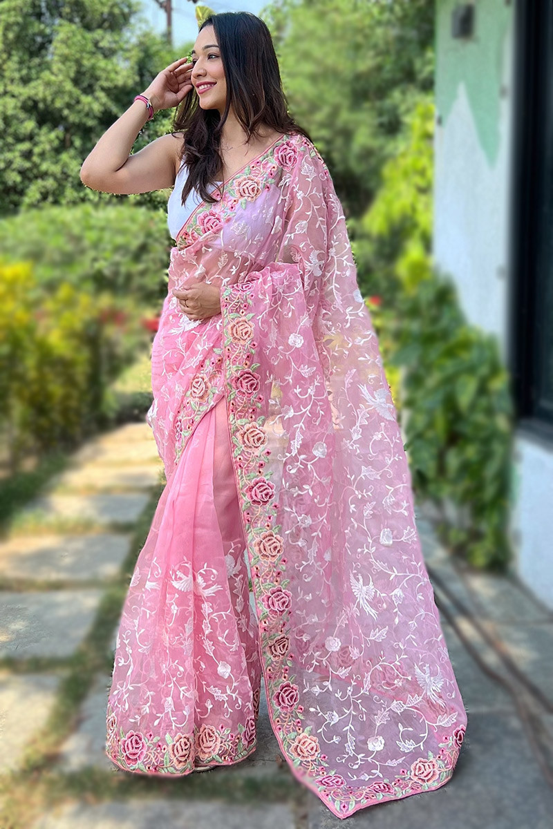 Baby pink Digital print Organza Saree with heavy border - IN WEAVE - 3679497