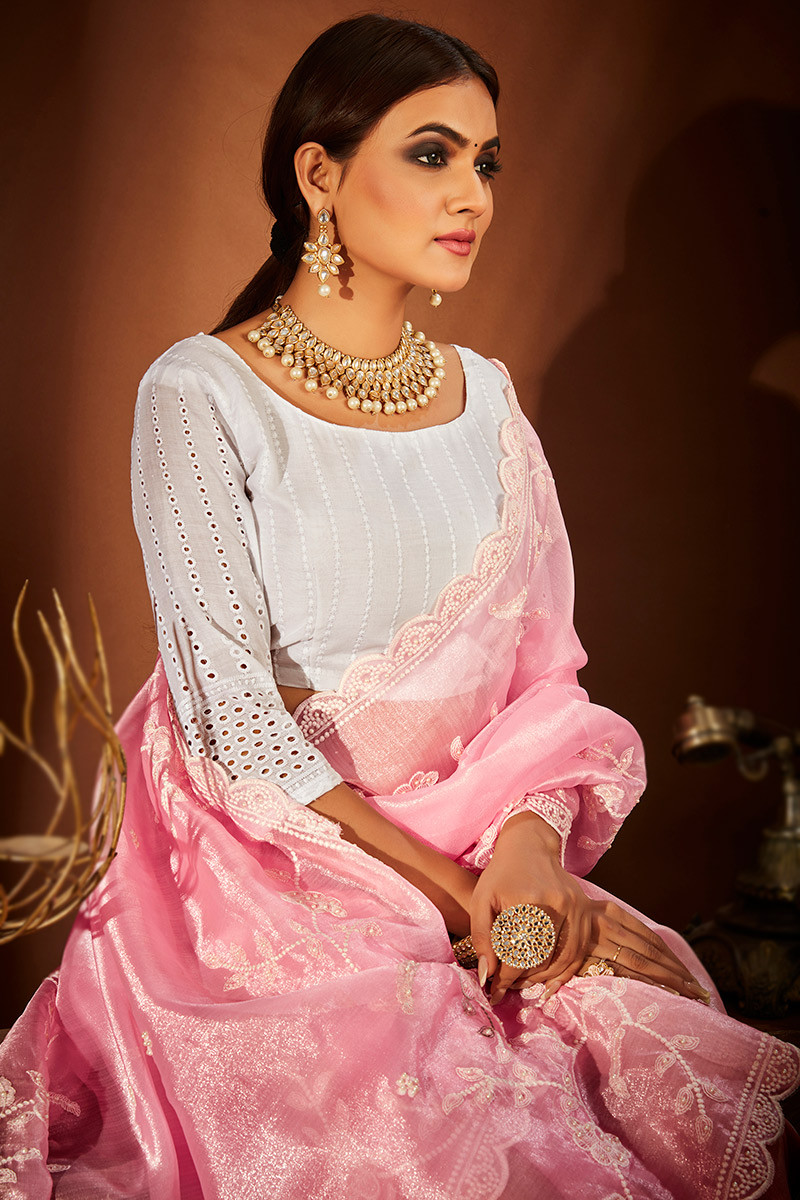 Blush Pink Organza Saree with Embroidered Blouse