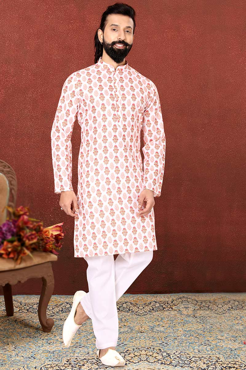 Light Pink Printed Cotton Men Kurta Pajama