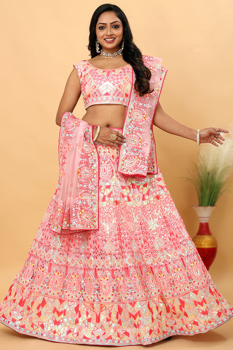 Light Pink Sequins Embroidered Georgette Lehenga For Sangeet 
