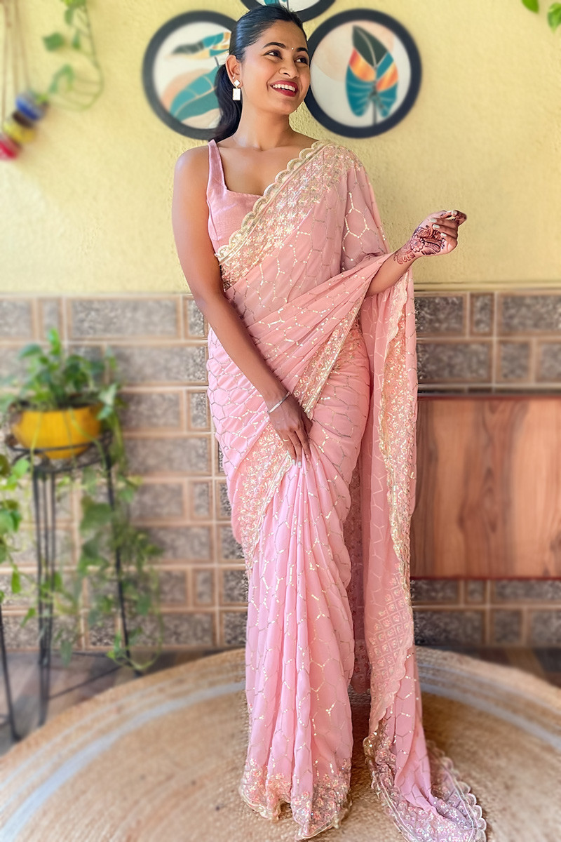 Light Pink Sequins Embroidered Georgette Party Wear Saree