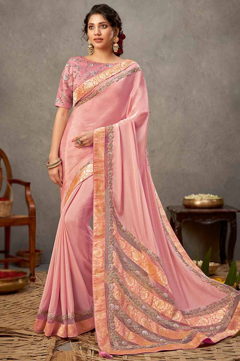 Babypink Beautiful Chiffon Zari Pure Georgette Banarasi Silk Handwoven Saree  Designer Weaving Fabric Sari Women With Running Blouse Piece - Etsy